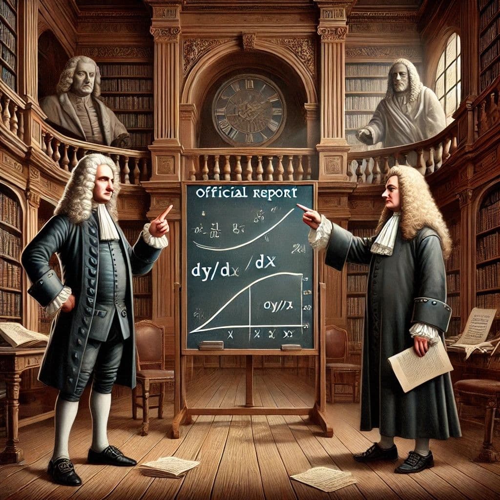 Illustrated depiction of the historical feud between Isaac Newton and Gottfried Wilhelm Leibniz over the invention of calculus, set in a dramatic, wood-paneled library.