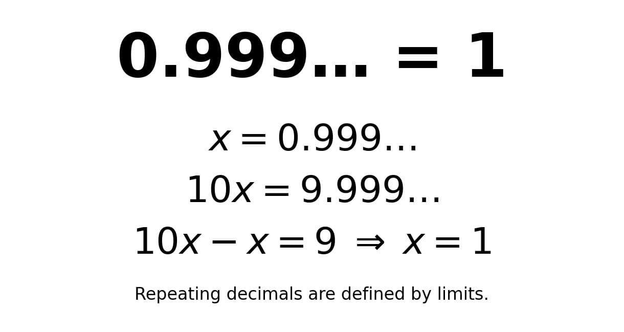 Graphic showing the equation 0.999… = 1 with a number line where 0.9, 0.99, and 0.999 approach 1.